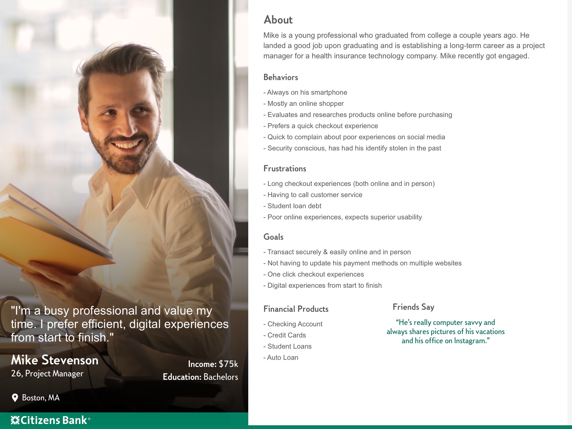Mike Stevenson, Citizens Bank persona: 26-year-old project manager