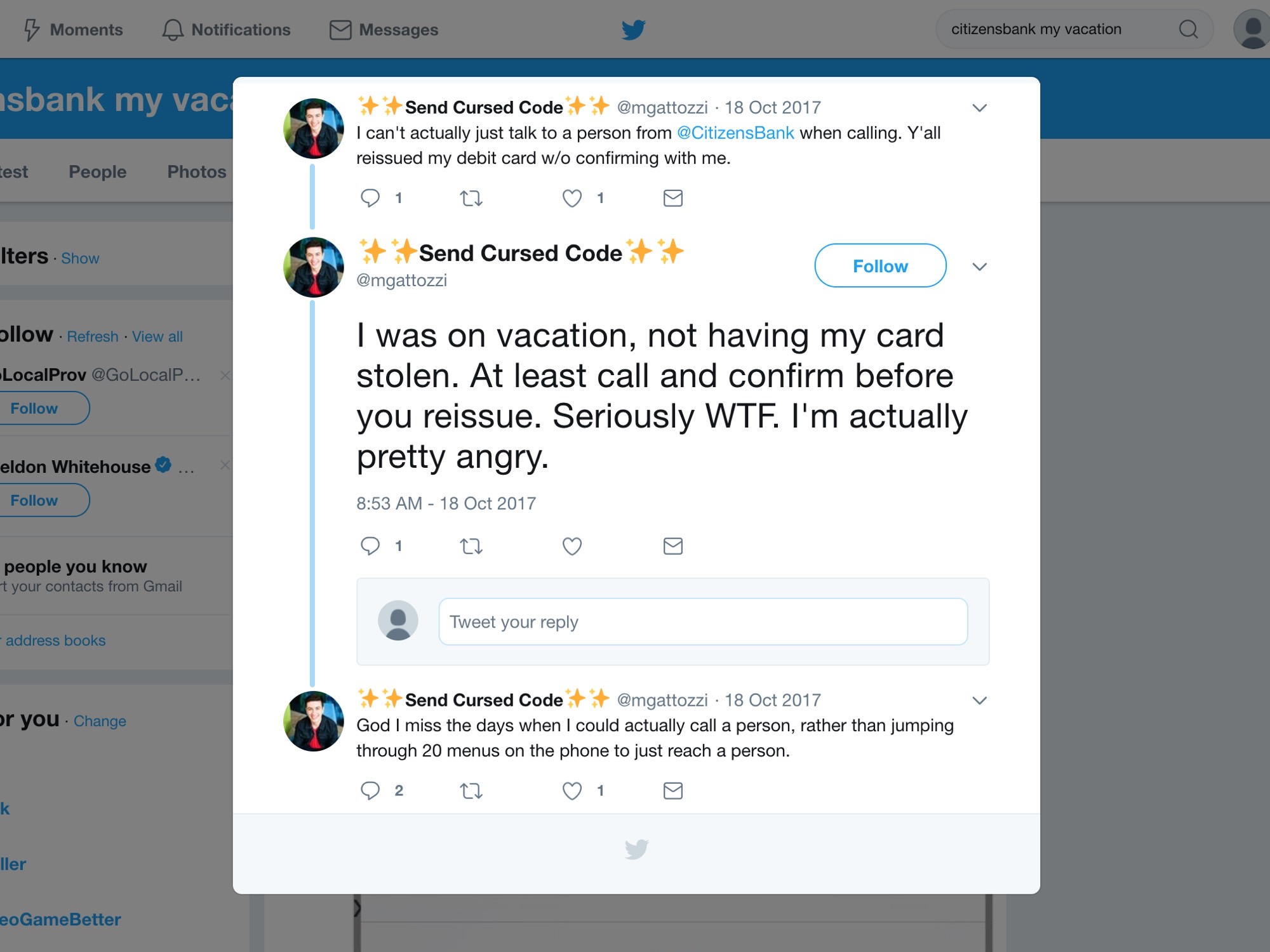 Citizens Bank customer social media feedback, post one