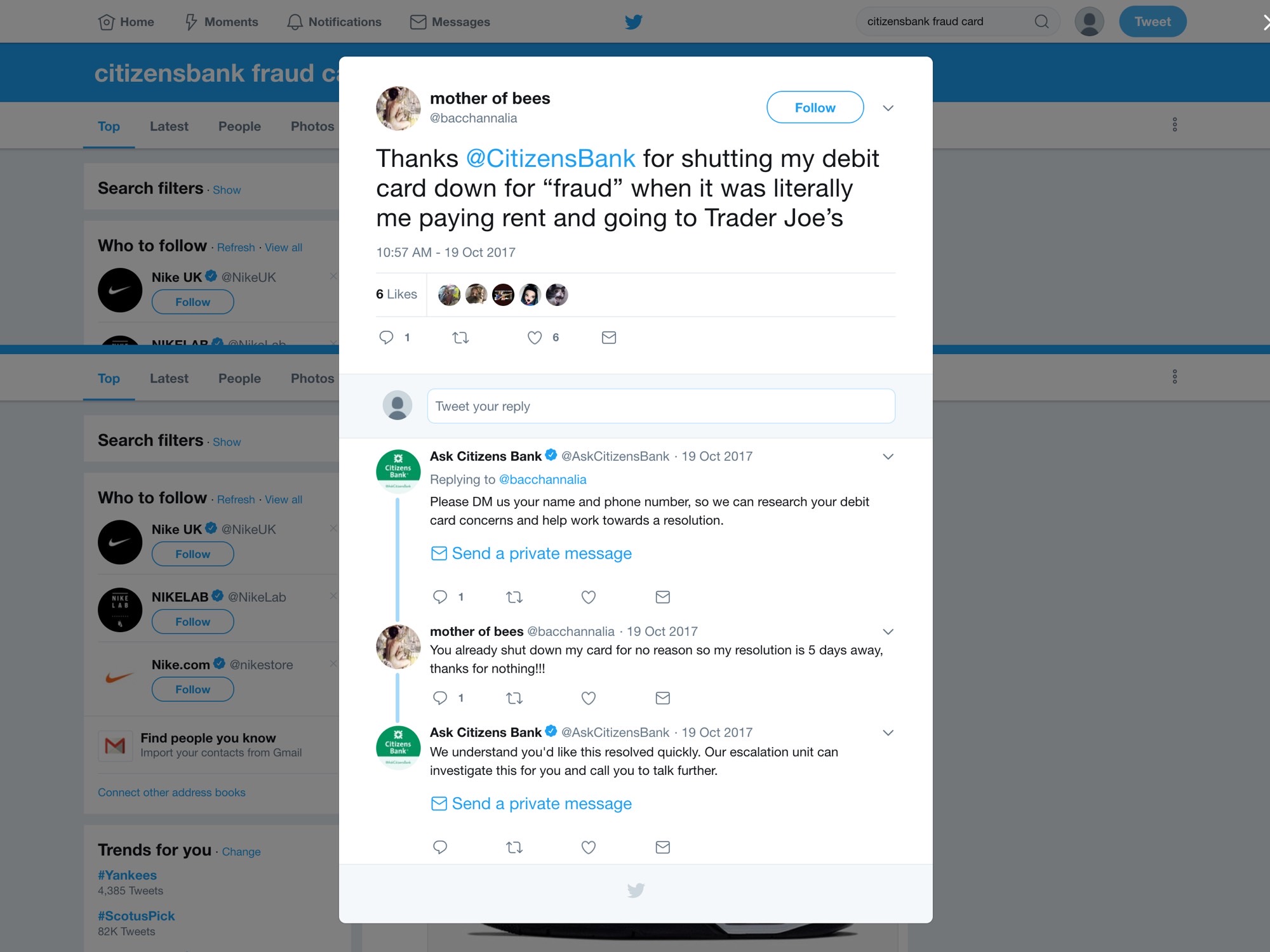 Citizens Bank customer social media feedback, post three