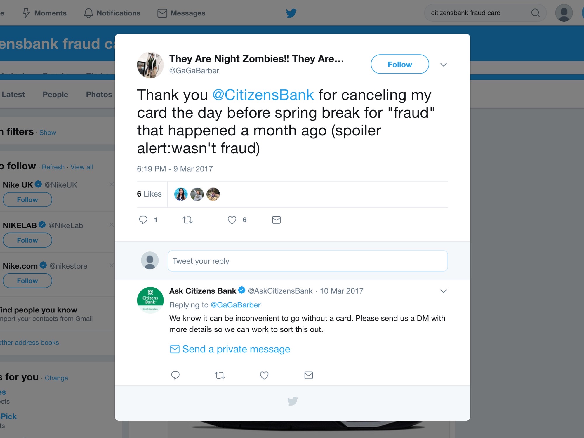 Citizens Bank customer social media feedback, post four