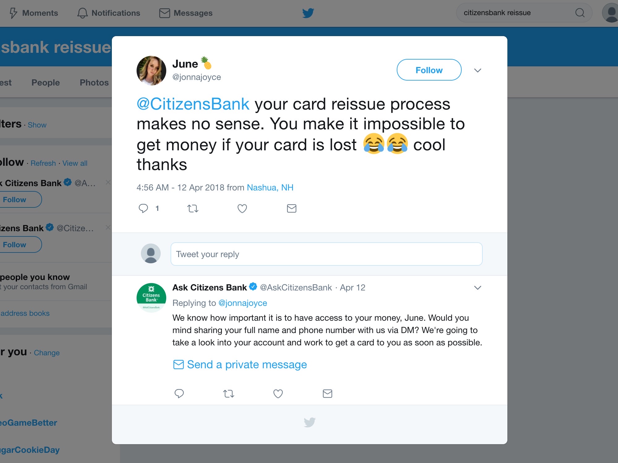 Citizens Bank customer social media feedback, post five