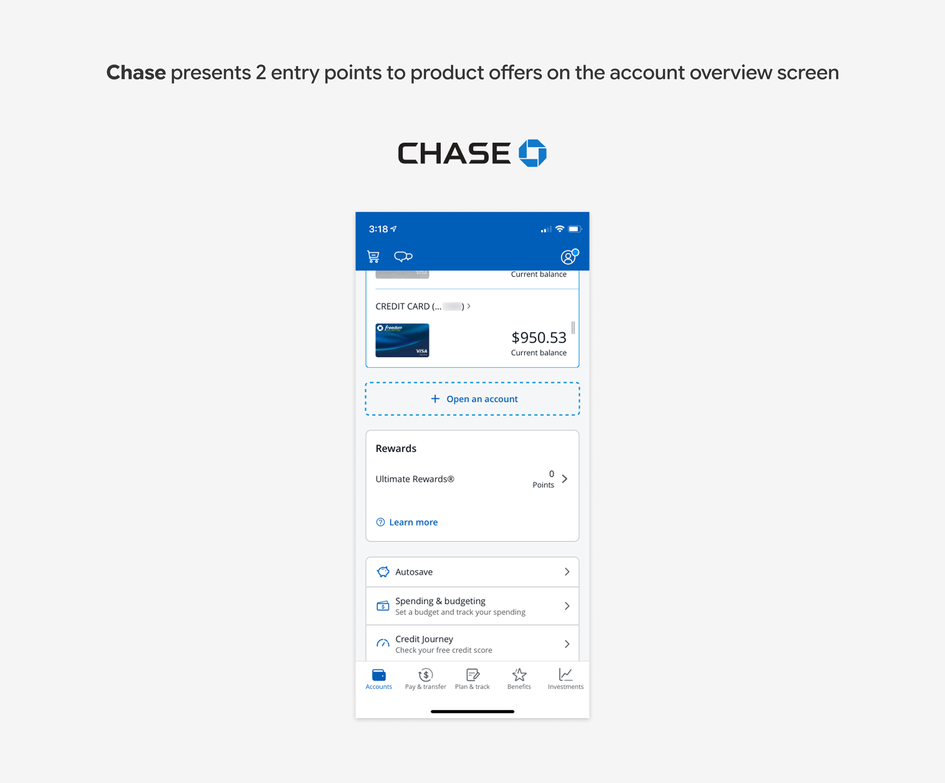 Chase presents 2 entry points to product offers on the account overview screen
