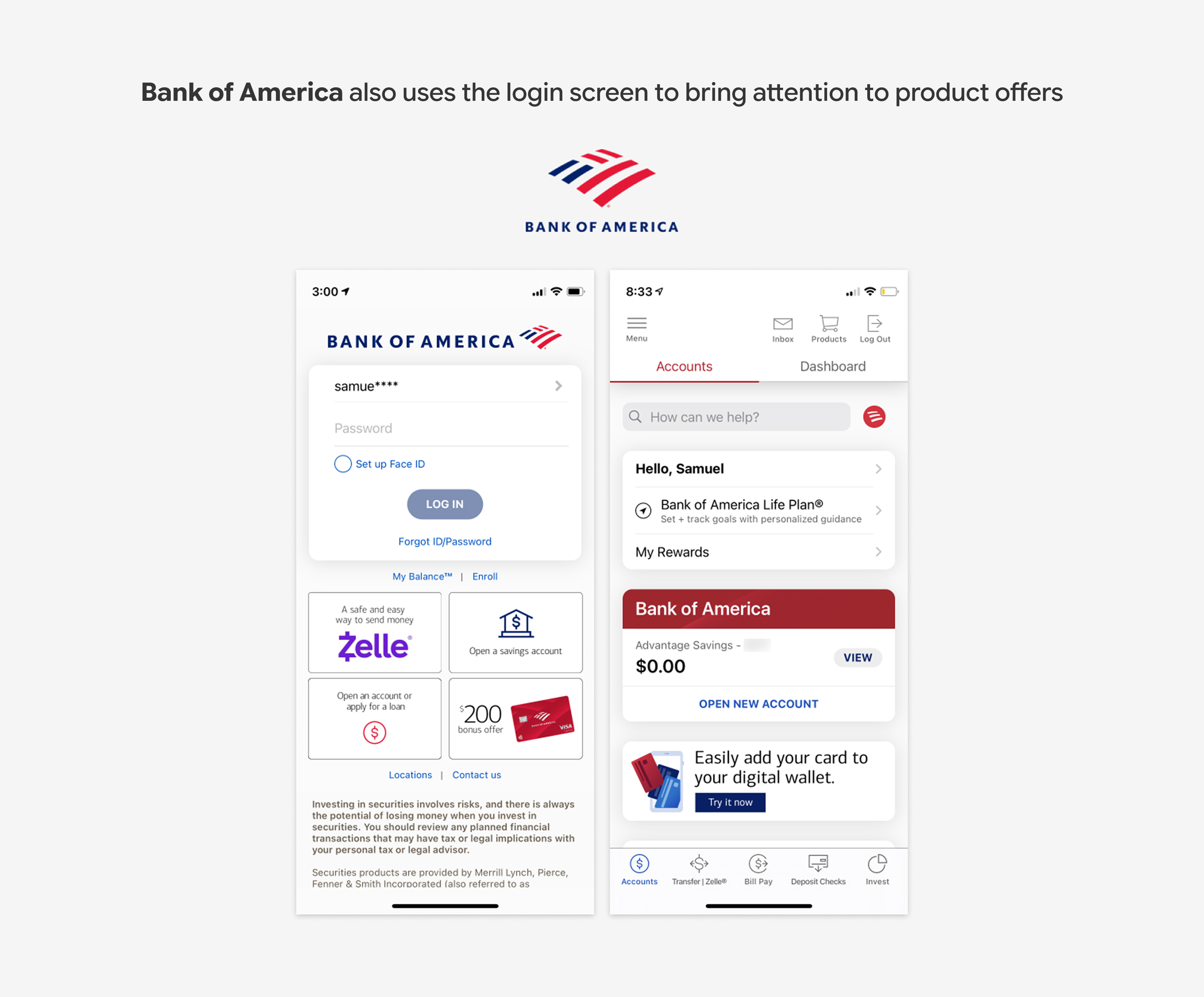 Bank of America also uses the login screen to bring attention to product offers