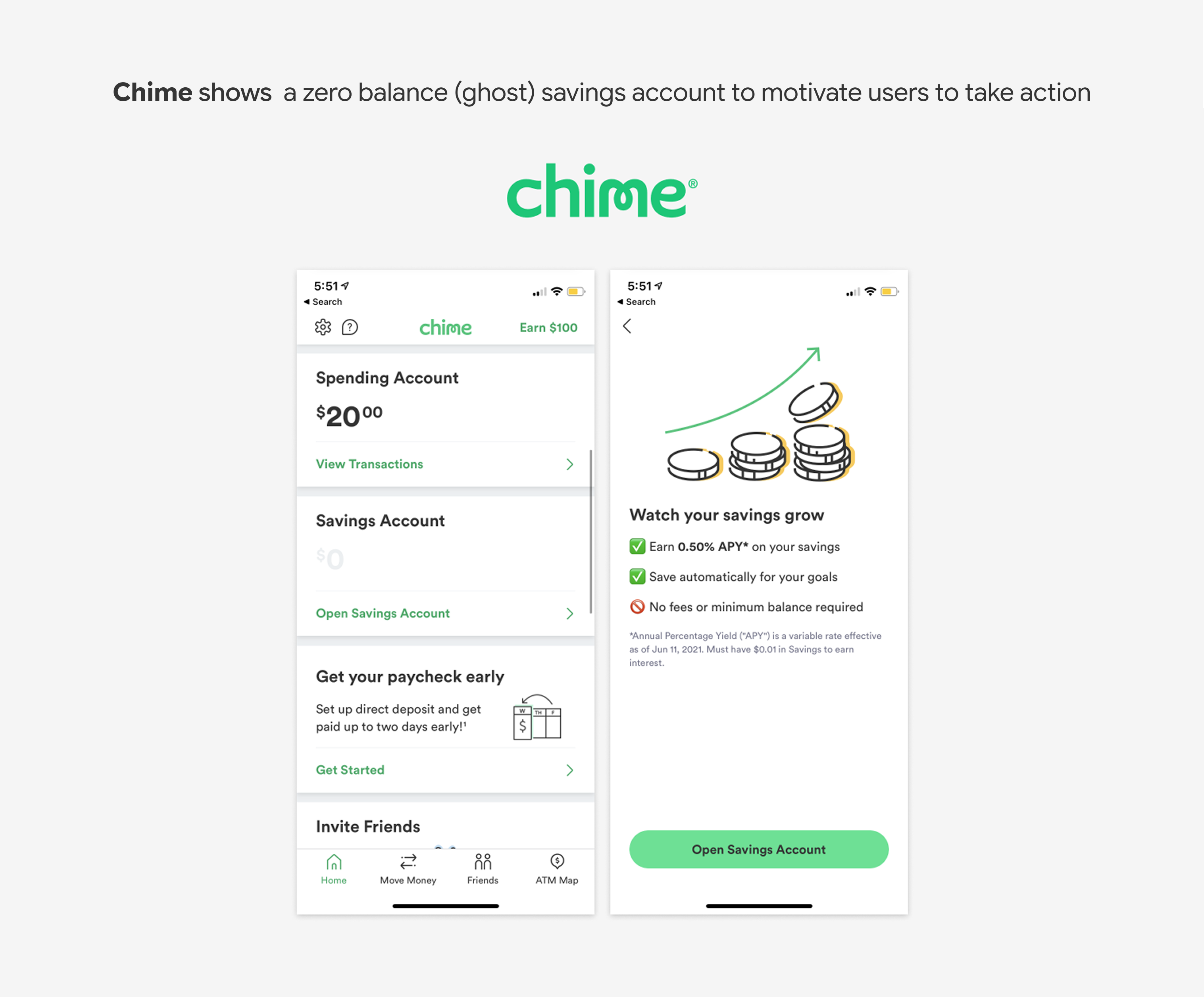 Chime shows a zero balance (ghost) savings account to motivate users to take action