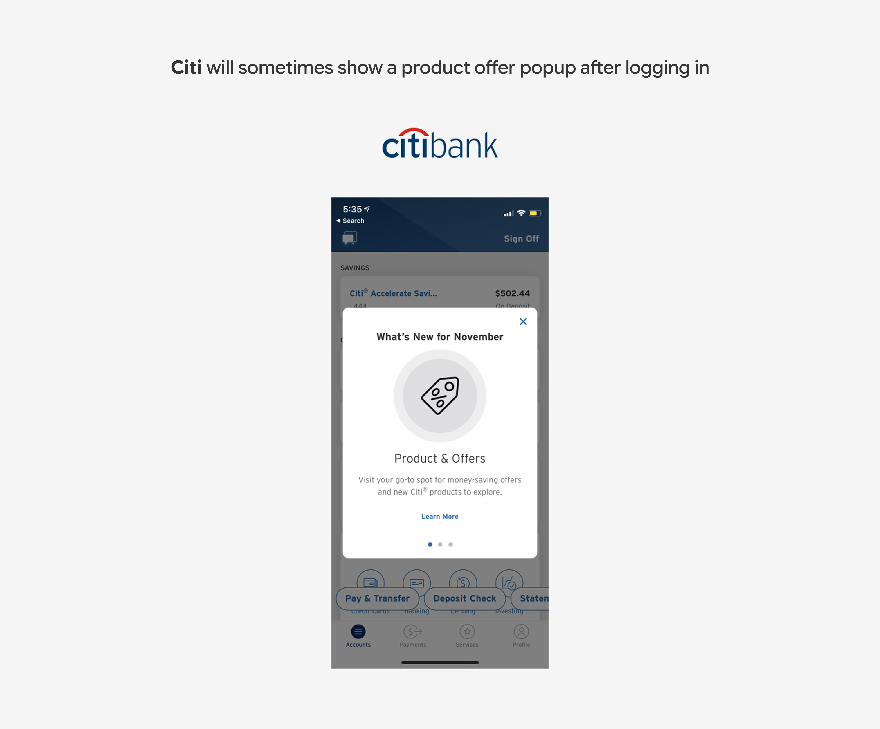 Citi will sometimes show a product offer popup after logging in