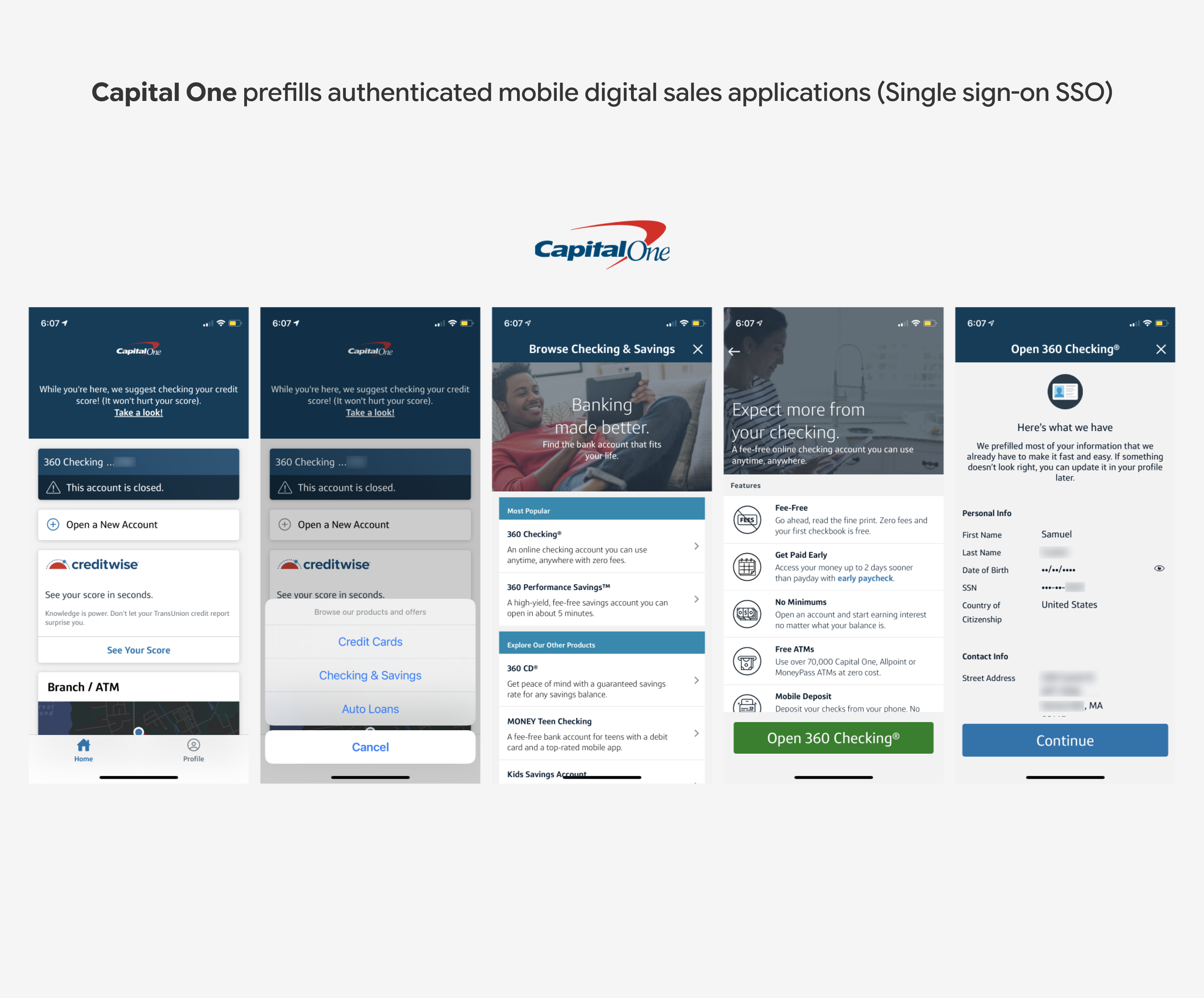 Capital One prefills authenticated mobile digital sales applications (Single sign-on SSO)