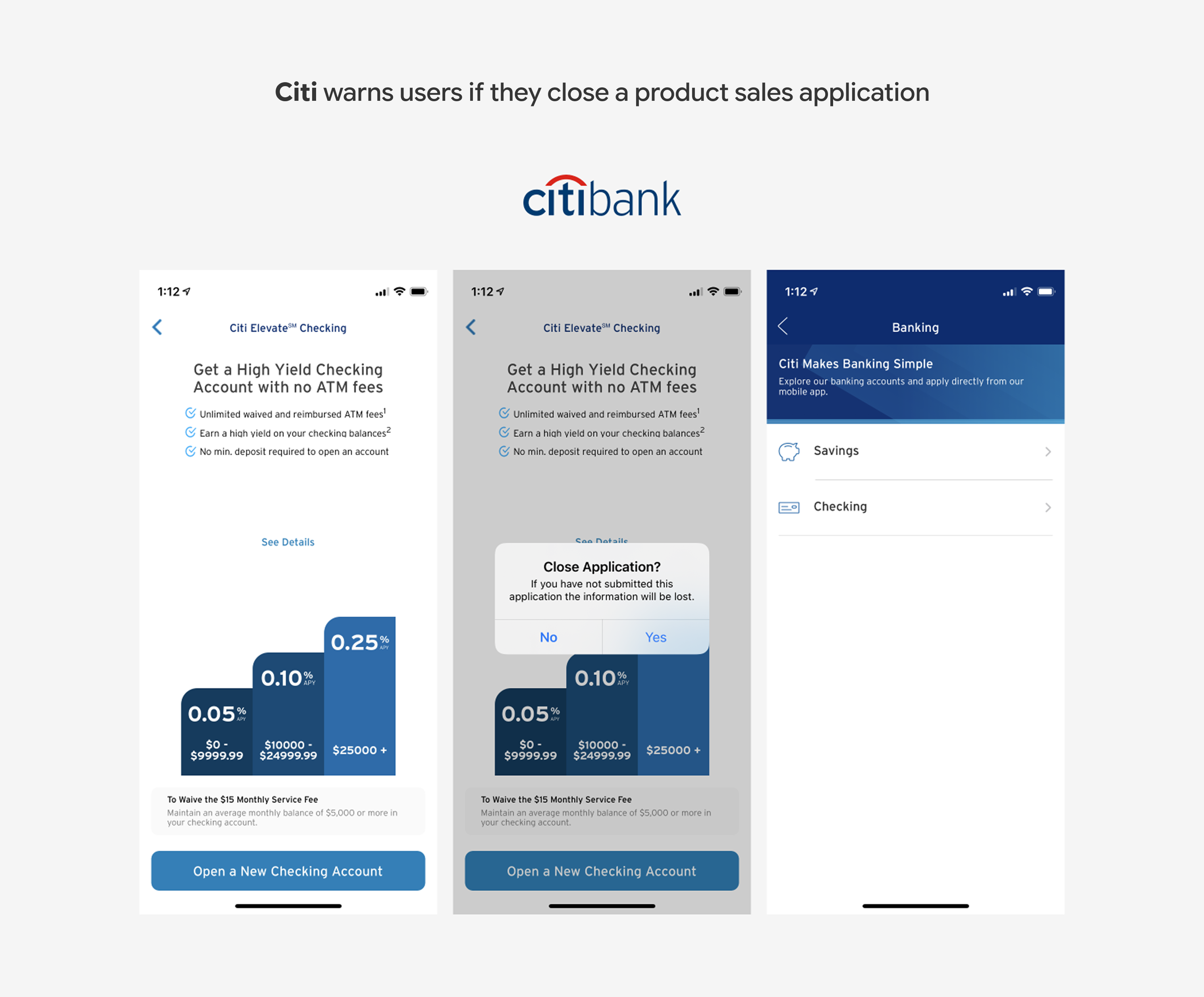 Citi warns users if they close a product sales application