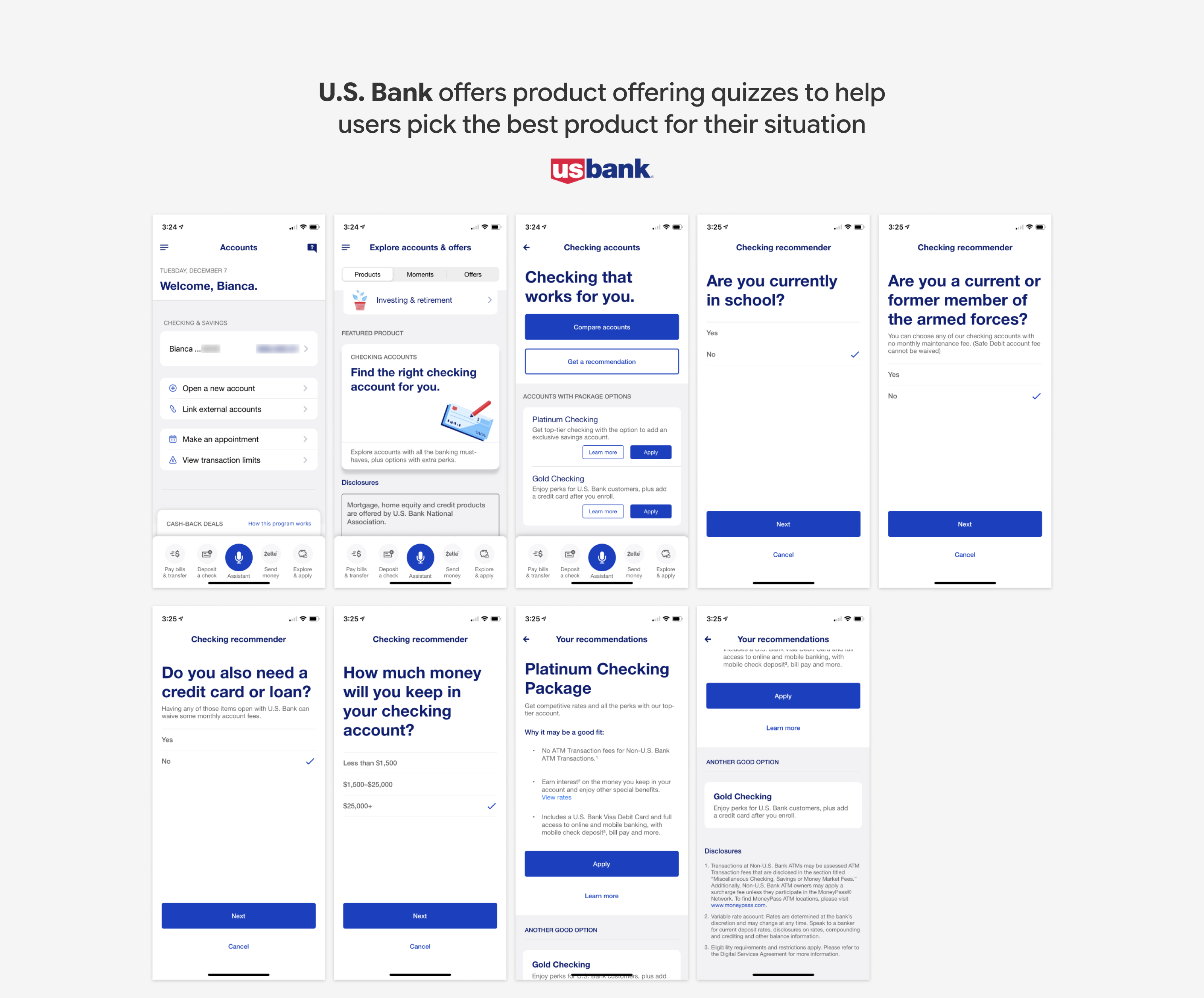 U.S. Bank offers product offering quizzes to help users pick the best product for their situation