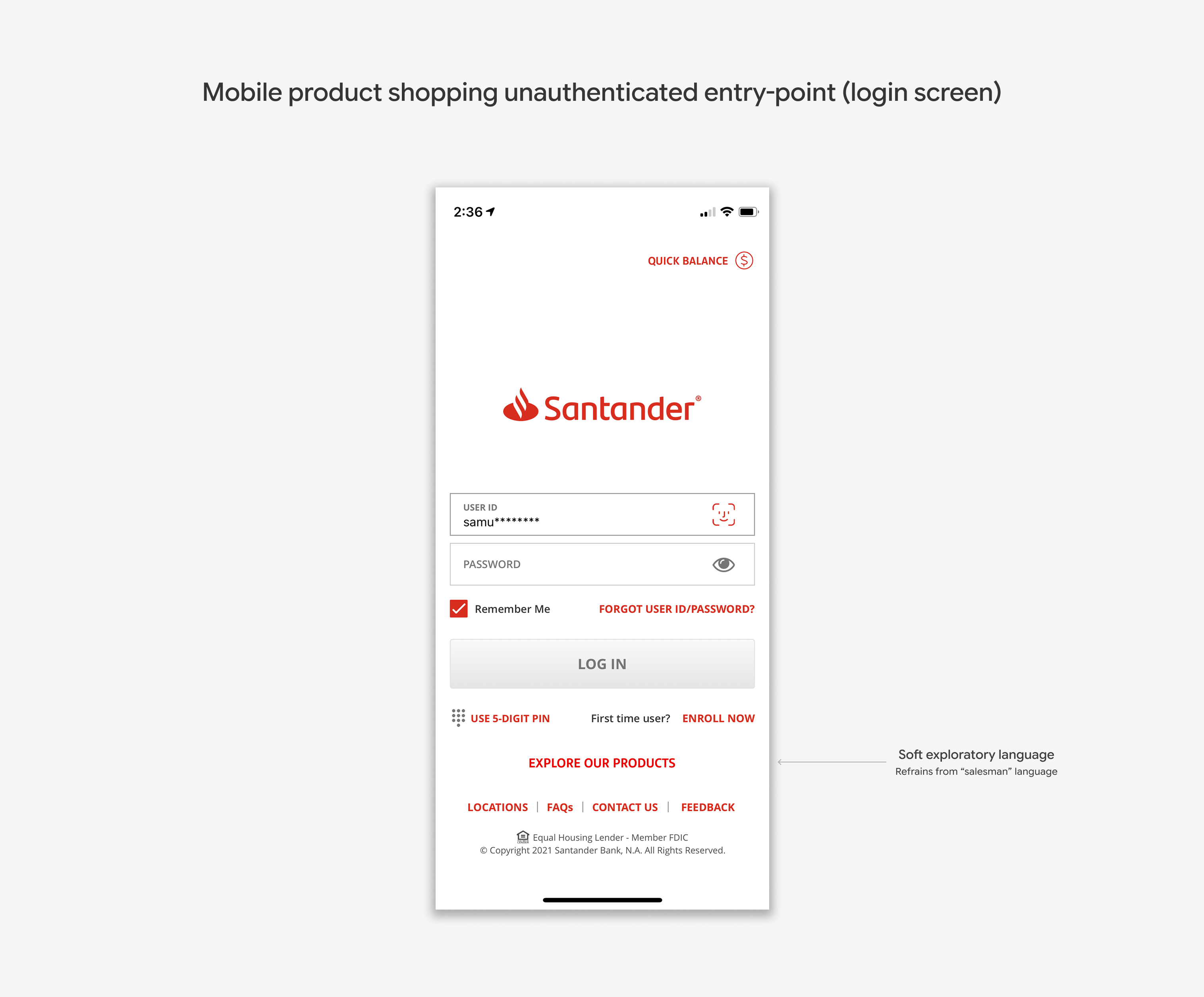 Mobile product shopping unauthenticated entry point on the Santander login screen, featuring an Explore Our Products call to action with soft exploratory language that refrains from salesman language