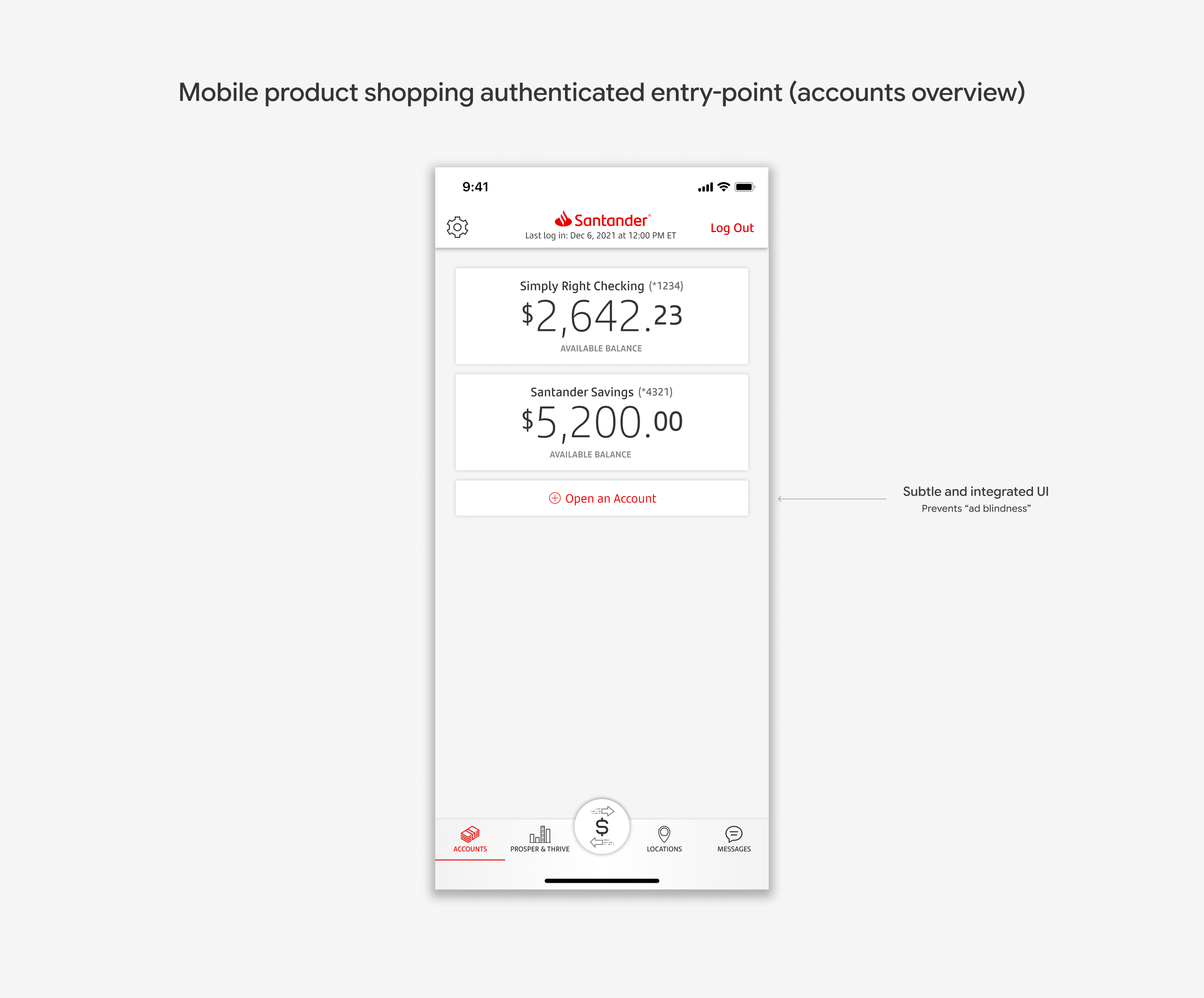 Mobile product shopping authenticated entry point on the Santander accounts overview, featuring a subtle and integrated Open an Account action designed to prevent ad blindness