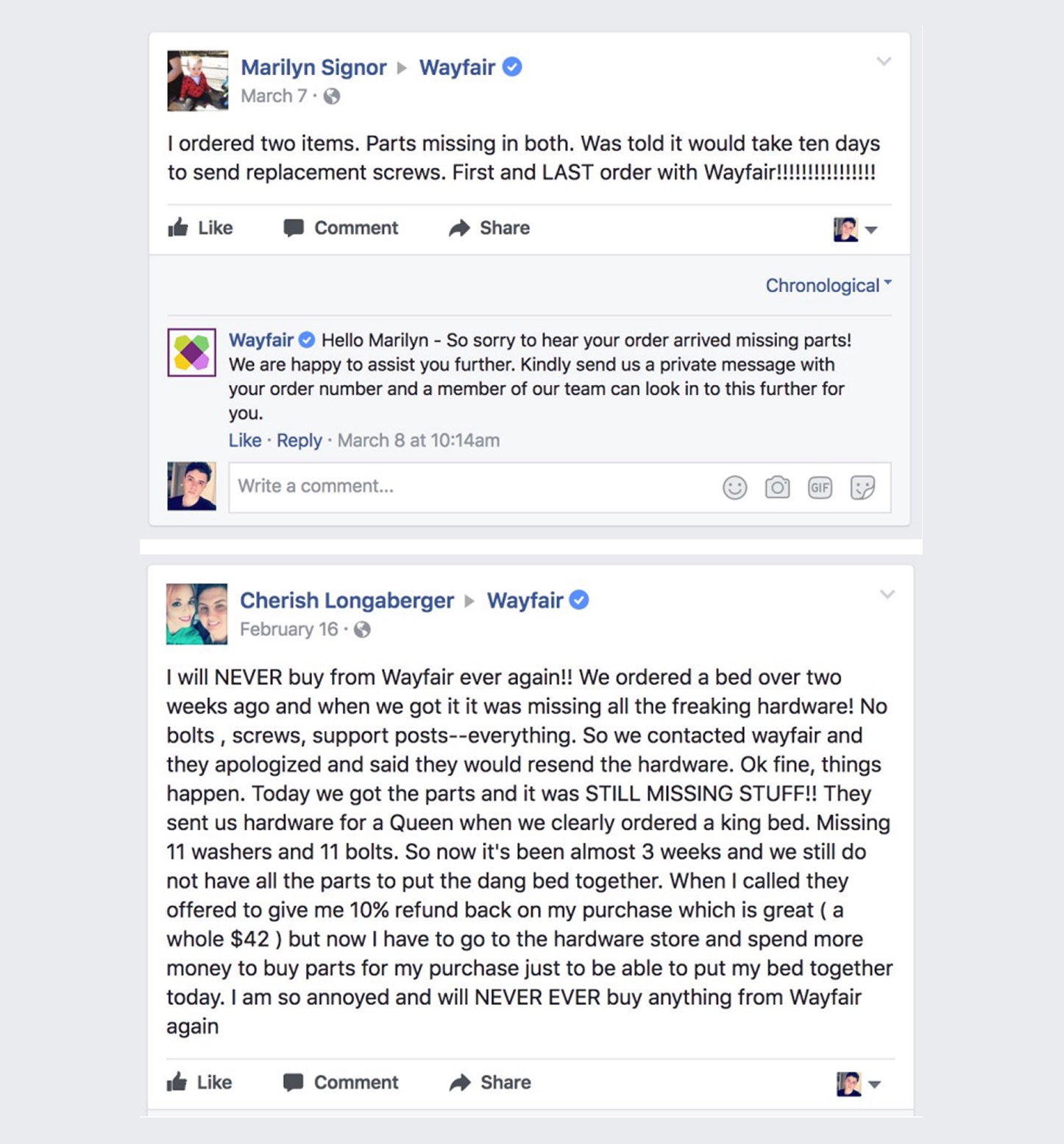 Negative Facebook feedback from Wayfair customers about missing pieces and parts