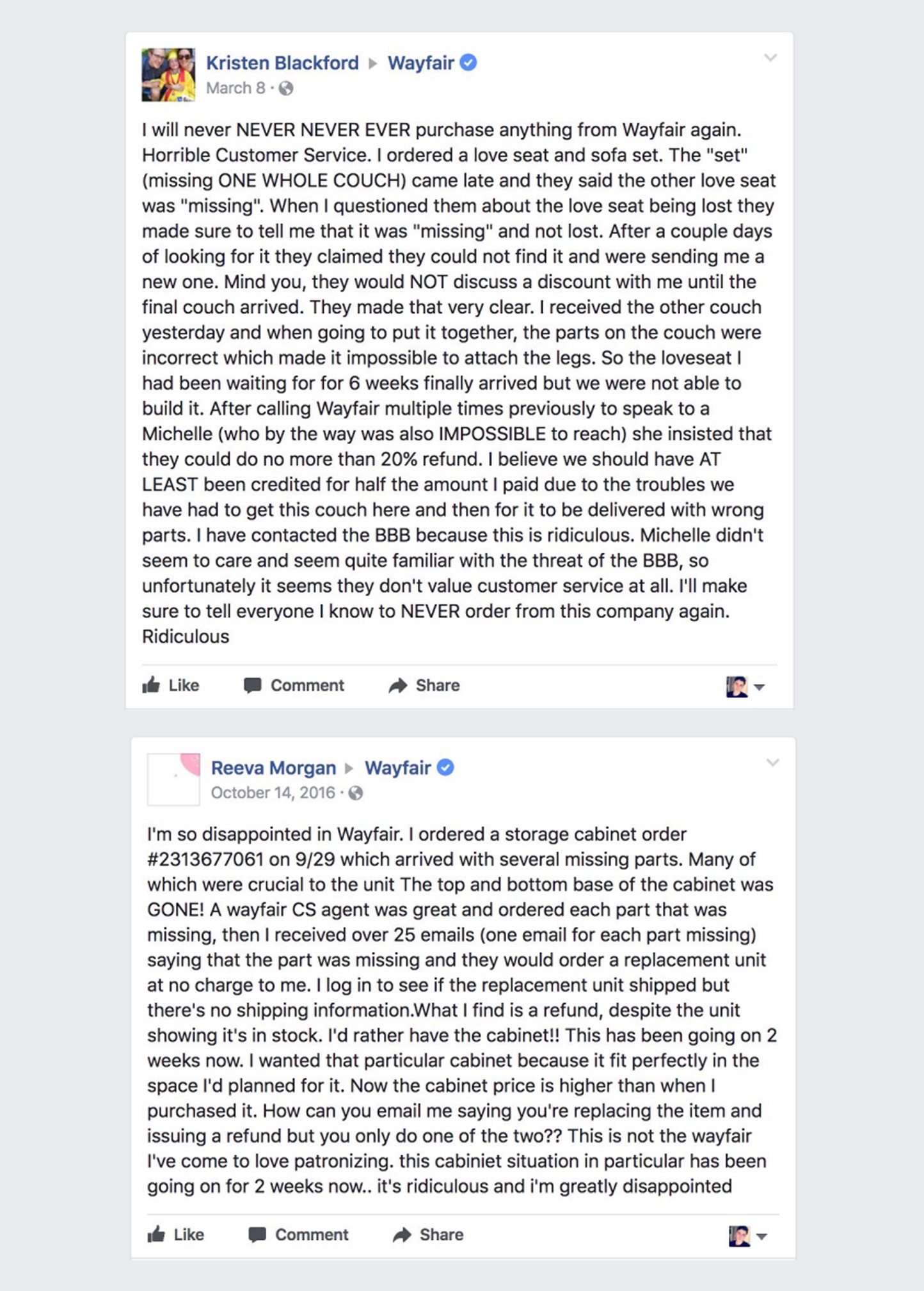 Additional negative Facebook feedback from Wayfair customers about missing pieces and parts