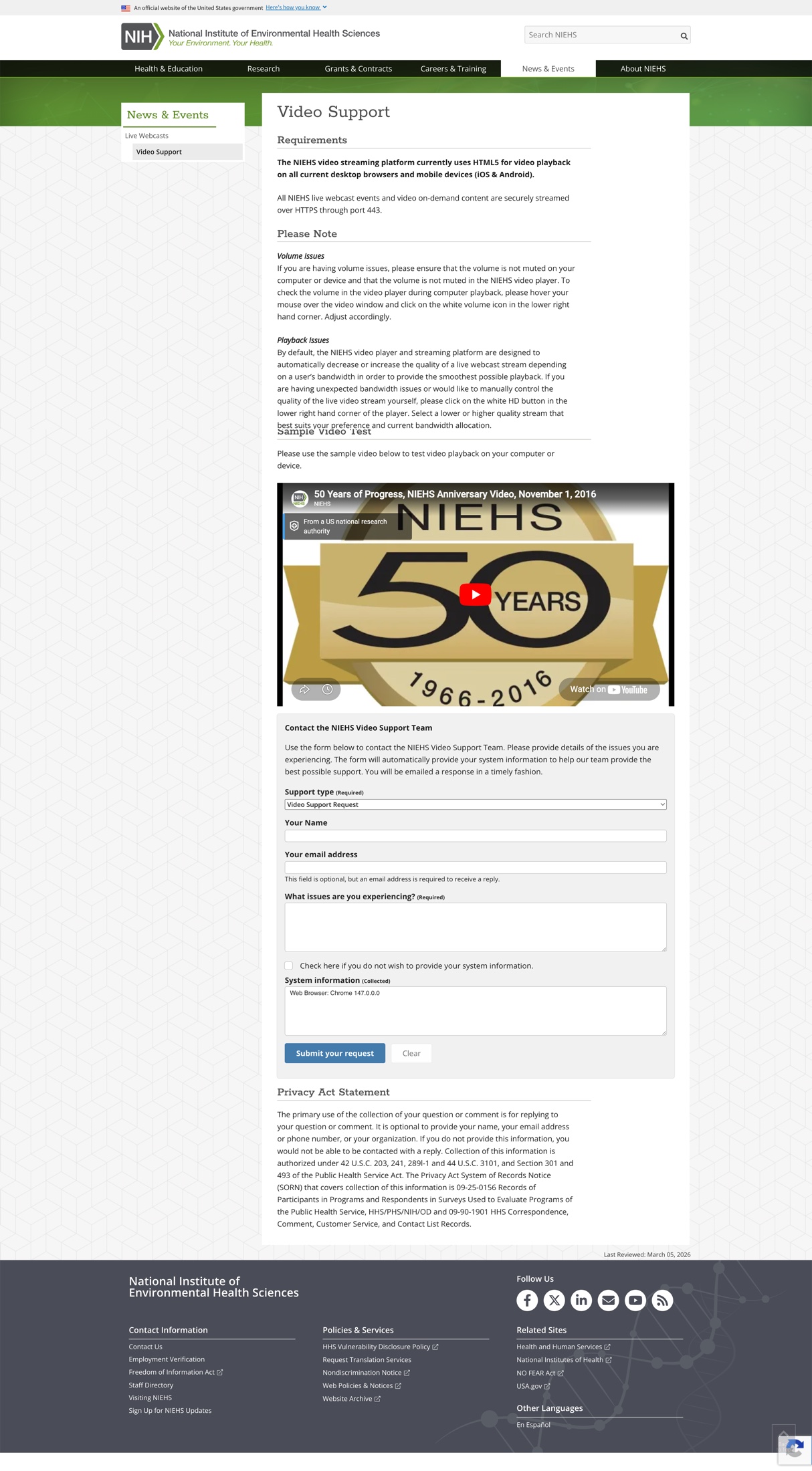 Screenshot of the live NIEHS Video Support page featuring requirements, playback notes, a sample video test, and the contact form for the video support team.